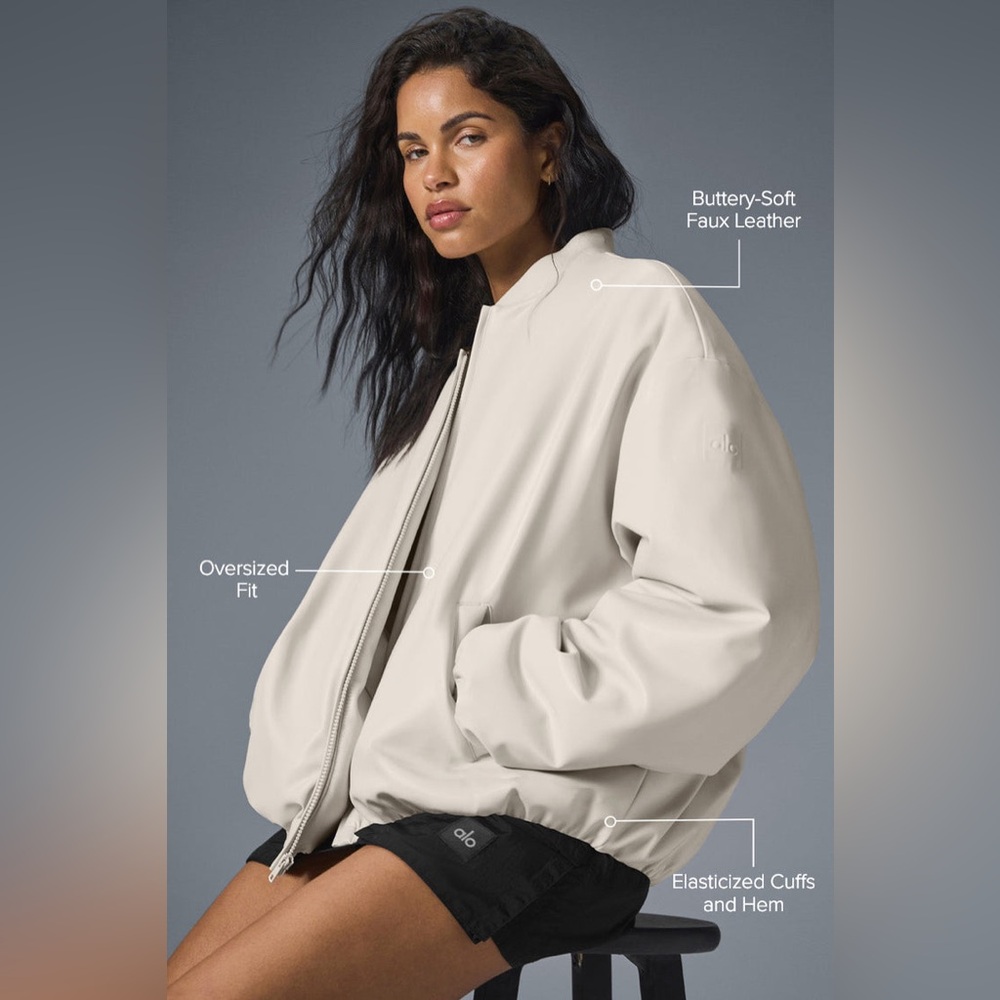 ALO Yoga Faux Leather Off-White Premier Bomber Jacket S *LNWOT* - Picture 3 of 11